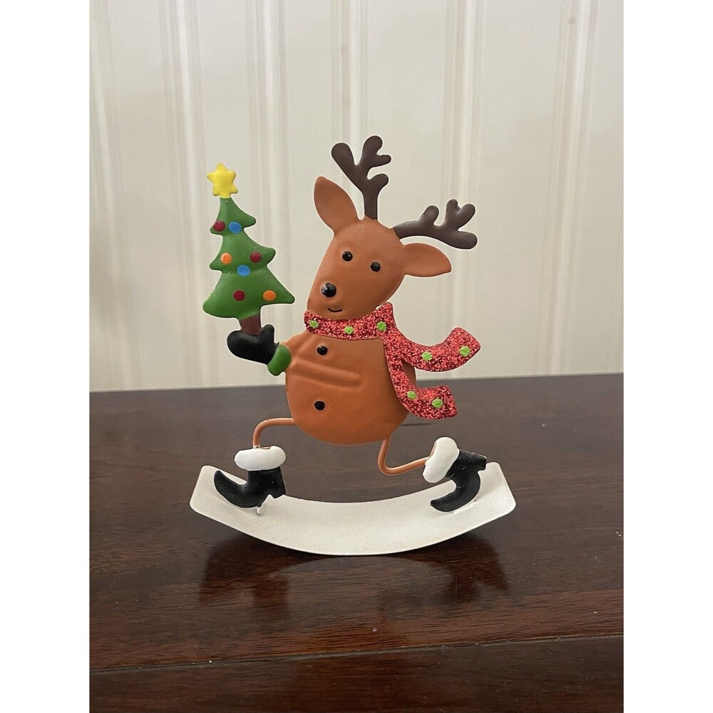 Set Of 4 Metal Rocking Reindeer Christmas Holiday Tabletop Decor Figurines 5in